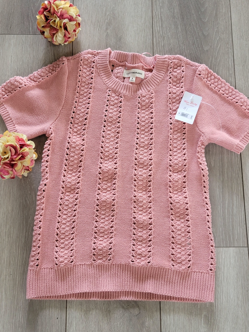 Lucky Brand Pink Open-Knit Short Sleeve Sweater